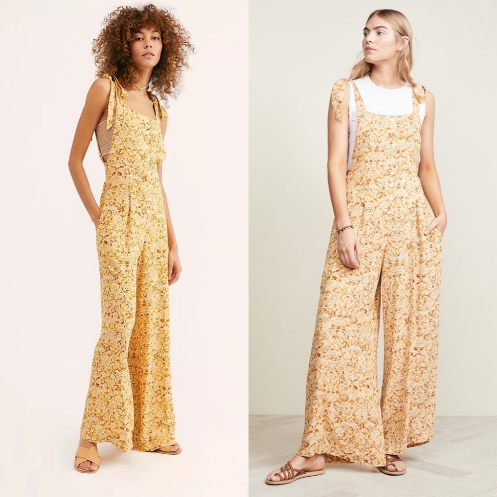 Free People Yellow Sugar Sands Jumpsuit Wide Leg Floral Print Smocked‎ Size XS
